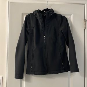 Woman’s black hooded waterproof north face jacket